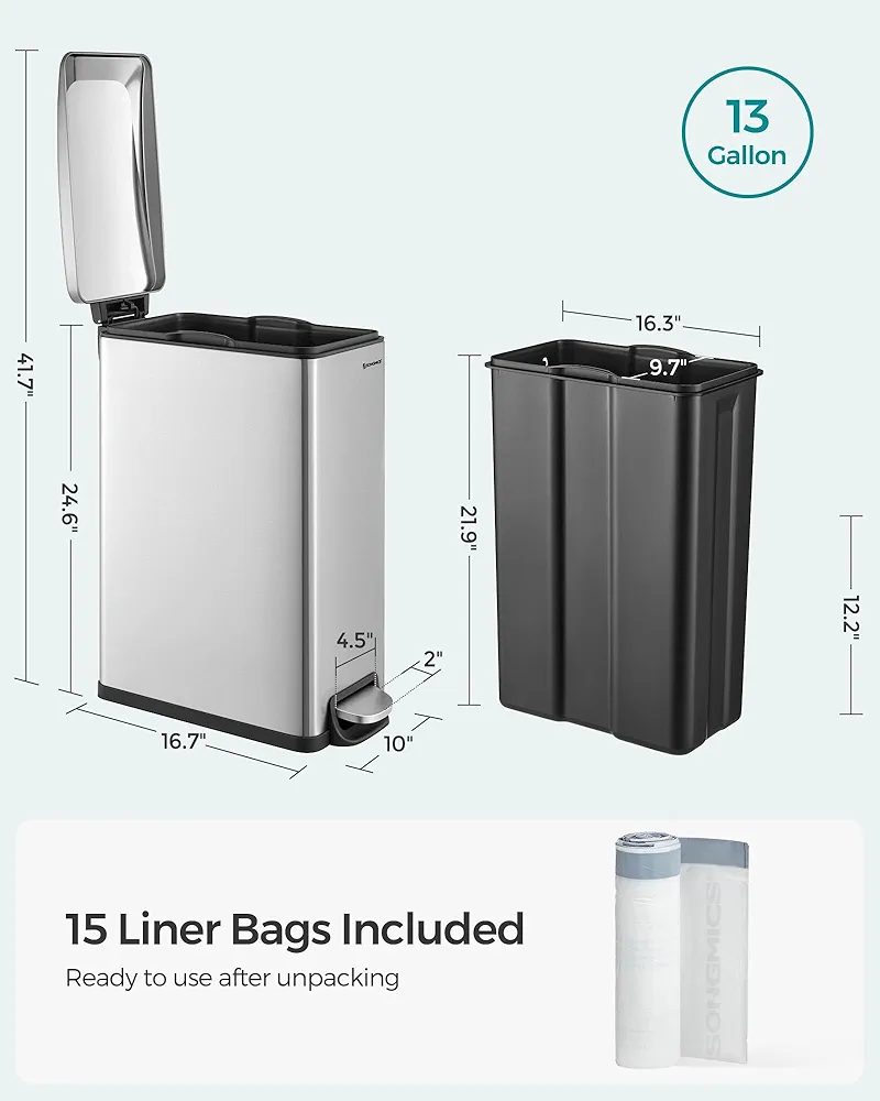 SONGMICS ごみ箱　LTB510E 48 48L 幅26cm SONGMICS シルバー LTB510E48 ごみ箱 幅26cm SONGMICS シルバー